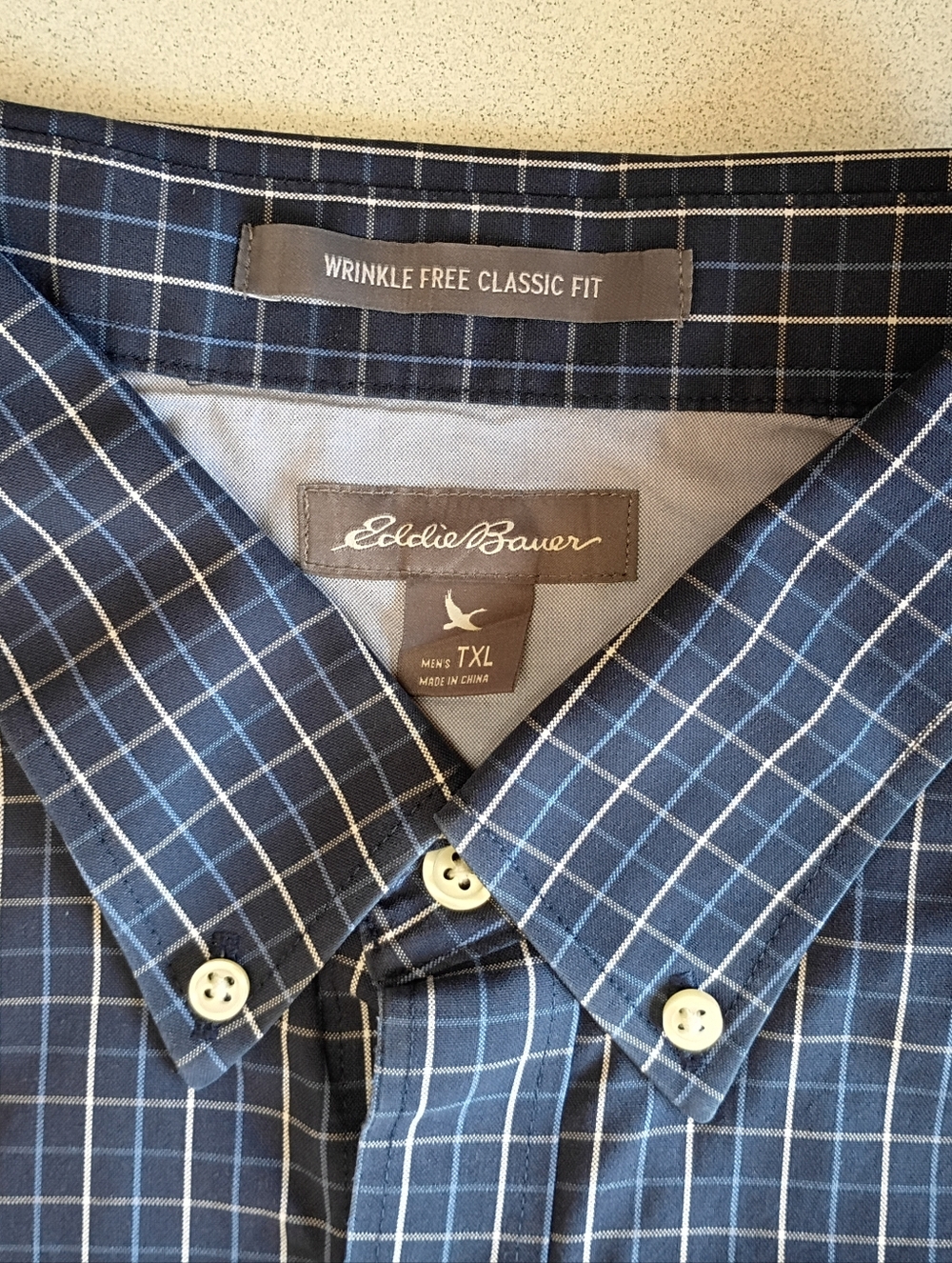 Eddie Bauer Mens TXL Navy Blue White Check Plaid Button Down Dress Shirt XL Tall - Picture 6 of 6